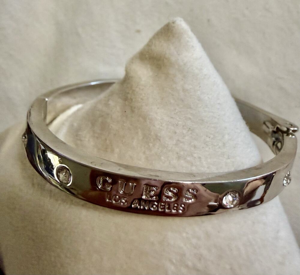 Guess Silver Logo Emblem Hinge Bangle Bracelet